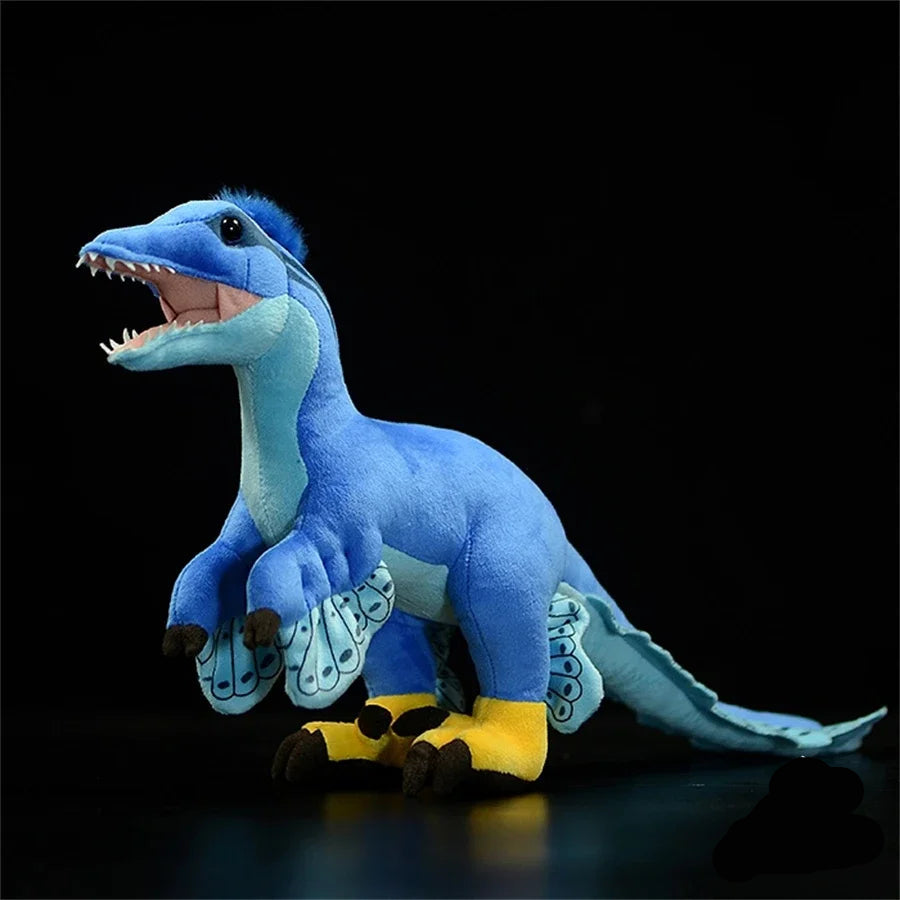 Blue dinosaur plush toy on a black background
